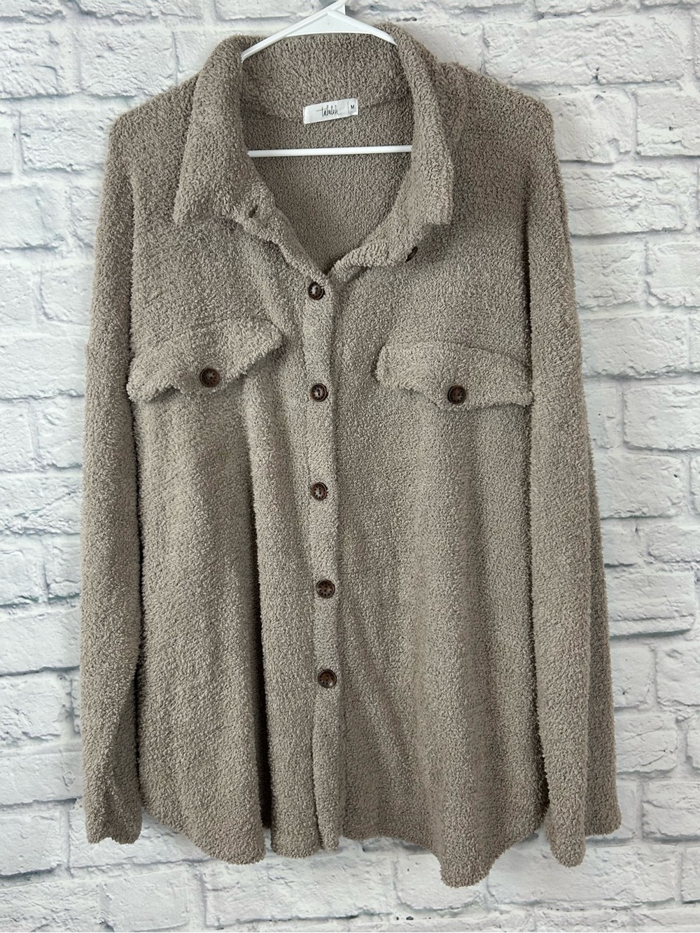 Talulah Cozy Knit Button Front Shacket Taupe Size Medium